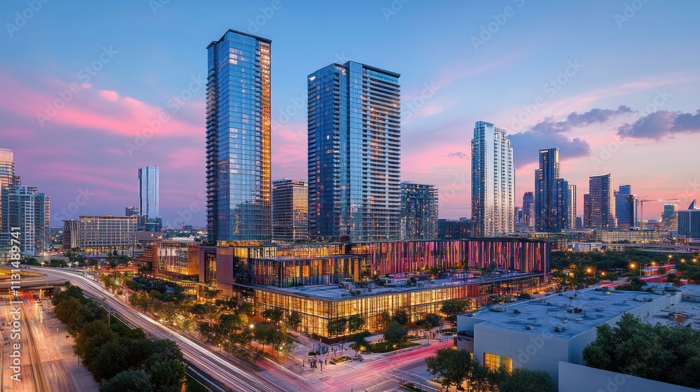 Obraz premium Modern city skyline at twilight with illuminated buildings and traffic.