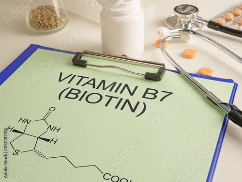Vitamin B7 Biotin is shown using the text and chemical formula photo