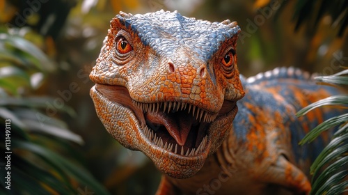 A close-up view of a dinosaur's face, its mouth open in a snarl