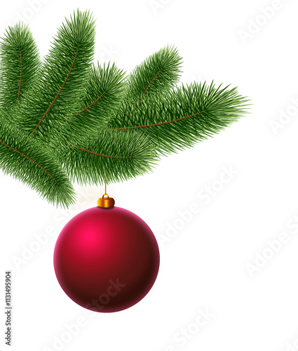 Christmas red ball with green fir tree branch isolated