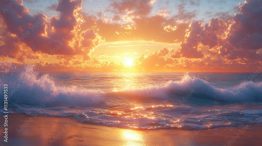 Fototapeta premium Ocean waves crash on sandy beach during sunset.