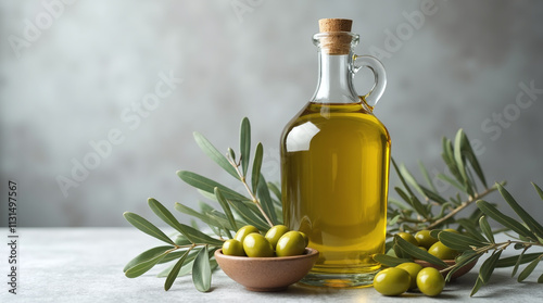 Organic Natural Olive Oil Product, Glass Bottle with Bowl of Olives and Branches with Copy Space