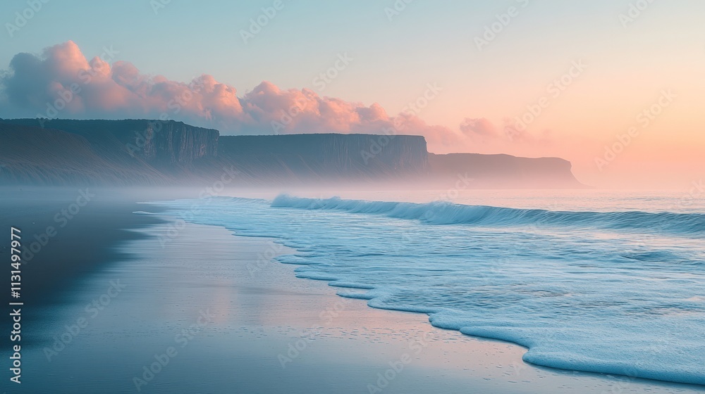 Obraz premium Serene sunrise, ocean waves, cliffs, misty beach.