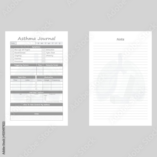 Asthma journal page templates. Organizer page, diary and daily control book