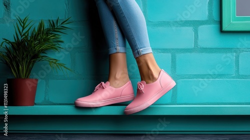 A pair of bright pink shoes and blue jeans casually worn by someone relaxed, leaning against a teal brick wall, displaying comfort and youthful style.