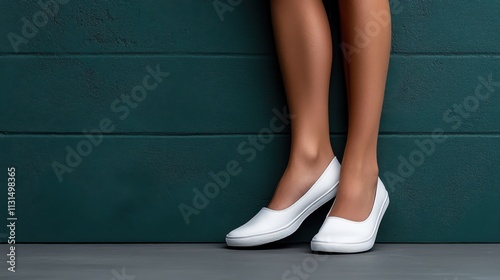 A pair of sleek white shoes and long, slender legs stand against an elegant green wall, emphasizing modern fashion and simplicity in this stylish composition.