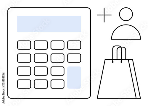 Calculator next to person and shopping bag icons representing financial management, consumer behavior, and retail. Ideal for e-commerce, budgeting, marketing, retail, finance, personal finance