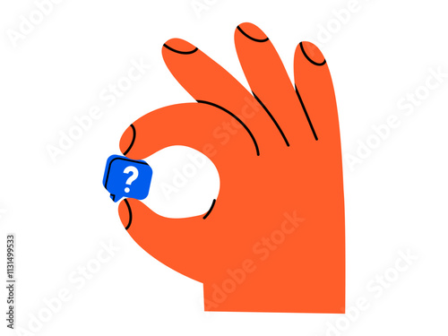 Hand drawn cute illustration hand hold speech bubble with question mark. Flat vector problem message in arm doodle. Ask for advice. Social media icon. Support or service. Seeking for help. Isolated.