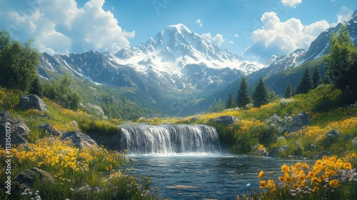 Serene waterfall, wildflowers, majestic snow-capped mountains.