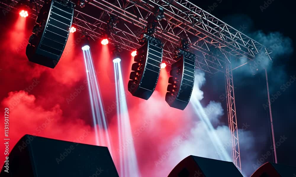 Concert Stage Setup with Line Array Speakers and Red Lighting
