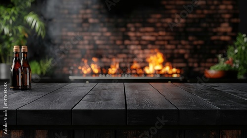 Outdoor bbq grill with flames and wooden table in rustic setting