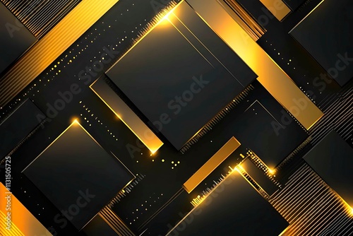 Abstract dark geometric background featuring glowing golden lines and sparkles, creating a modern, futuristic, and elegant design.