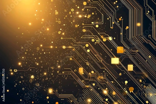 Abstract dark geometric background featuring glowing golden lines and sparkles, creating a modern, futuristic, and elegant design.