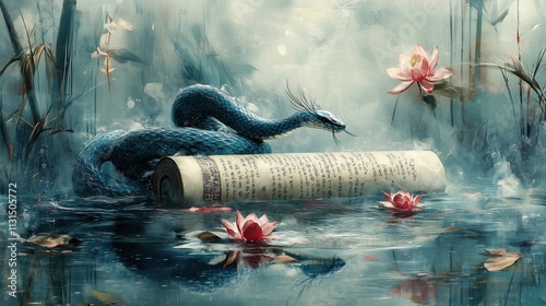 Graceful water snake coils around ancient scroll in serene Chinese study photo