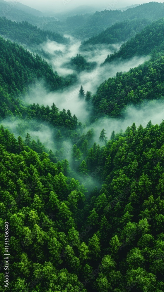 Lush green forest valley shrouded in mist, creating a serene and tranquil atmosphere. Lush green forest valley shrouded in mist, creating a serene and tranquil atmosphere.