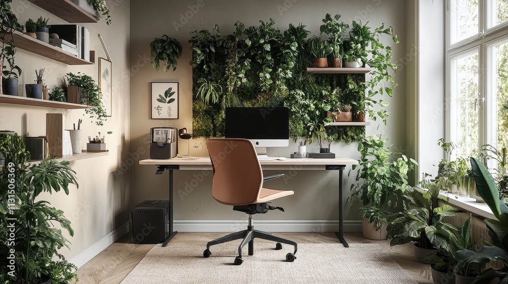 Fototapeta premium Serene Home Office with Abundant Greenery and Modern Desk