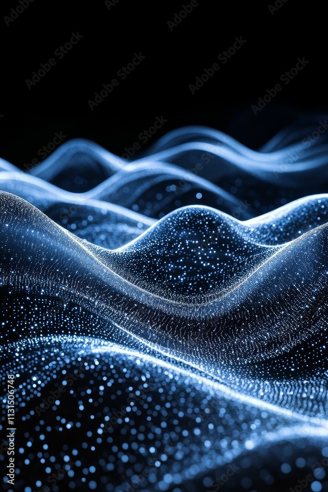Obraz premium Glowing blue particles form undulating waves.