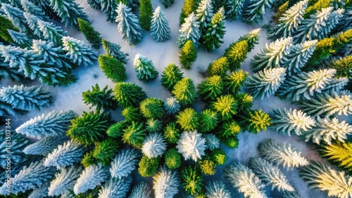 Elevate your festive celebrations with stunning aerial photography of isolated green trees covered in snowâ€”perfect for posters, invitations, and seasonal decorations. photo