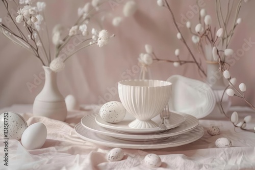 A stylish Easter brunch table with a color palette of blush pink and ivory. photo