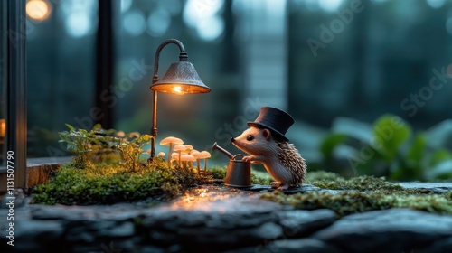 A whimsical scene features a hedgehog delicately watering mushrooms under a warm lamplight, wearing a charming top hat. This evokes a fairytale ambiance brimming with enchantment.