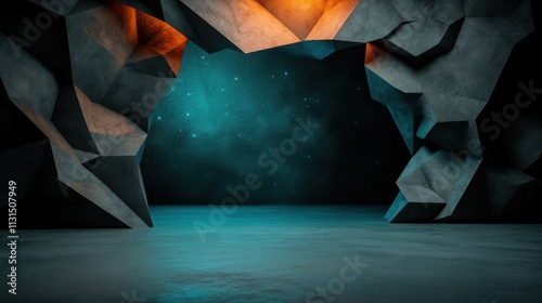 A mystical cave entrance illuminated by orange lights opens to a night sky filled with stars, creating a captivating and surreal blend of nature and fantasy elements. photo