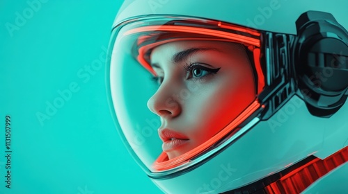 A close-up portrait of a woman in a sleek futuristic space helmet, lit with glowing red accents, capturing the essence of exploration and determination.