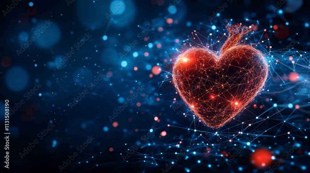 Fototapeta premium A minimalistic illustration of a glowing human heart icon, surrounded by a network of glowing particles and connections against a dark blue background
