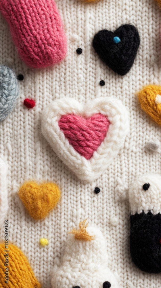Fototapeta premium Colorful knitted hearts and shapes on a cozy fabric background