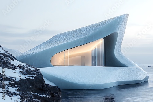 A modern, futuristic house built on a snowy landscape by the water.