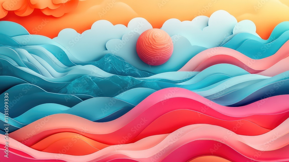 Fototapeta premium Vibrant Abstract Landscape with Colorful Layered Hills and a Radiant Sunset