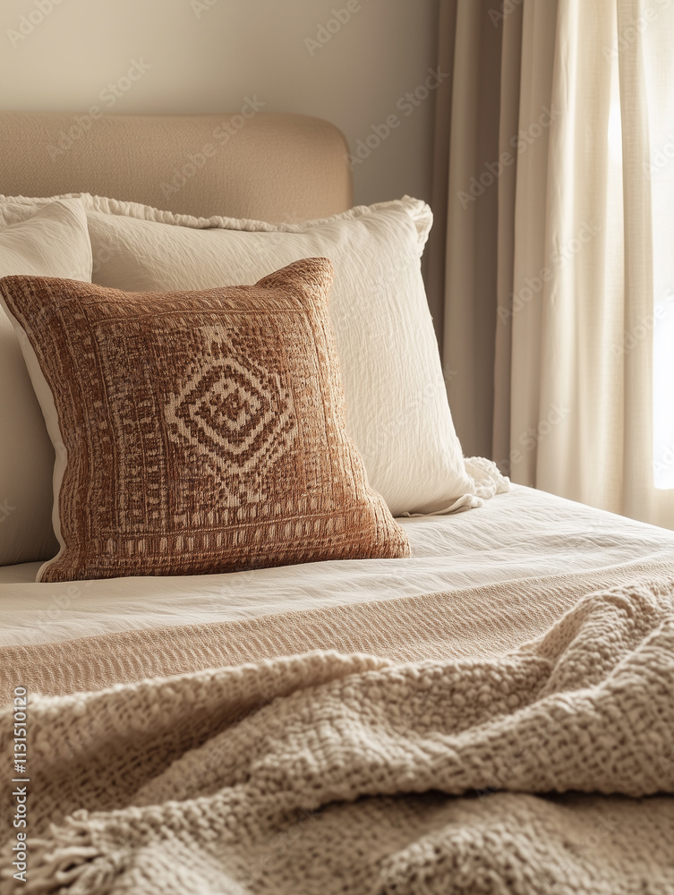 Obraz premium Cozy minimalist bedroom featuring warm textiles and soft lighting for a serene atmosphere