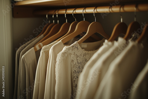 Collection of neutral-colored dresses hanging neatly on wooden hangers in a soft, warm closet environment photo