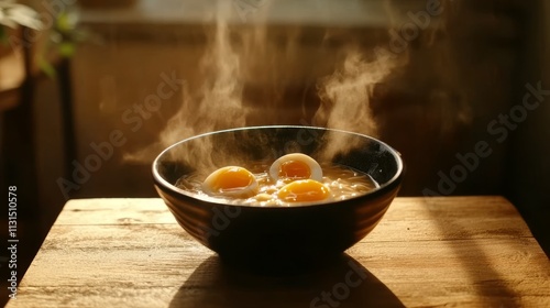 A bowl of ramen noodles, steaming hot, with soft-boiled eggs, scallions, and seaweed. photo