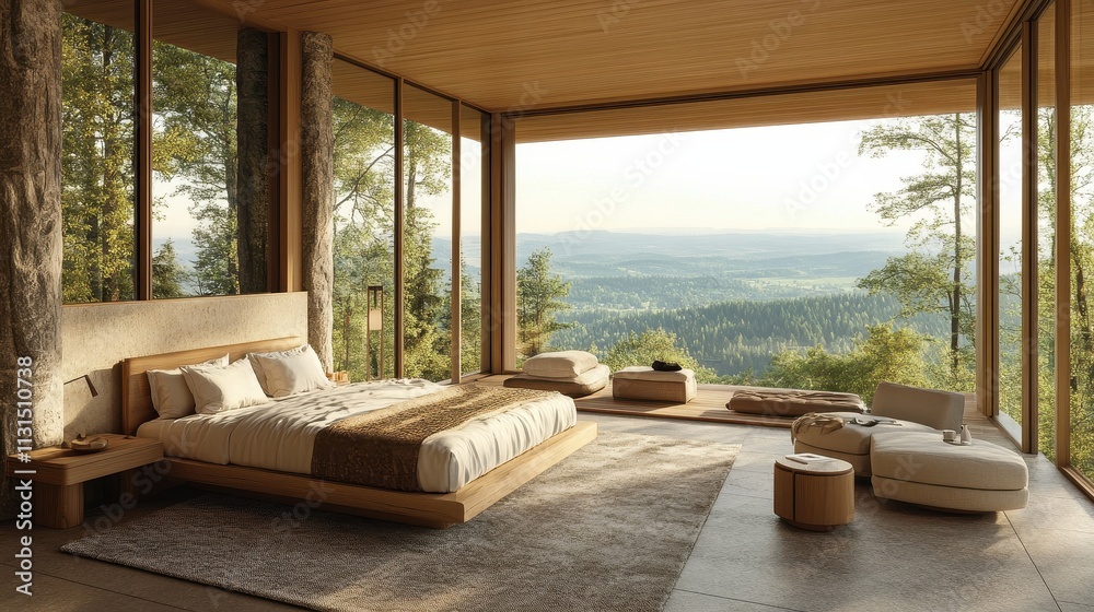 Fototapeta premium Modern Bedroom Design With Stunning Forest View