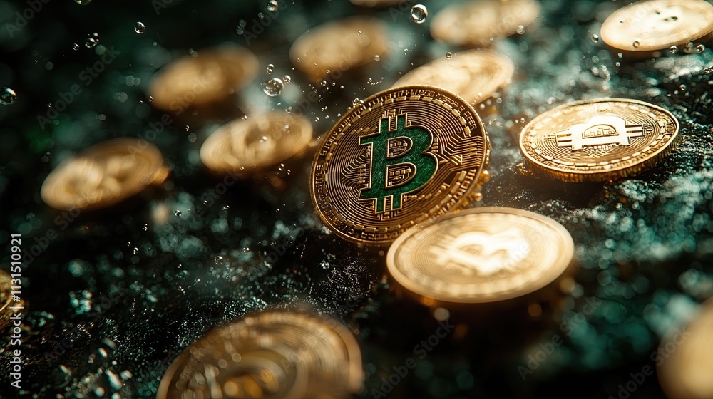Stunning Close-Up of Bitcoin Coins in Water Stunning Close-Up of Bitcoin Coins in Water