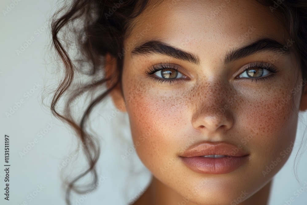 Naklejka premium Close-up of a young woman with curly hair, freckles, and natural makeup, showcasing her expressive eyes and smooth skin