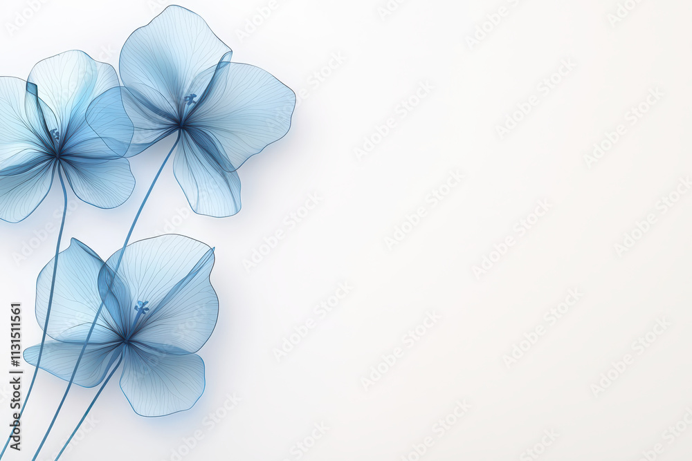Obraz premium Delicate blue flowers with intricate outlines on soft white background create serene and minimalist aesthetic. Perfect for modern decor or artistic projects