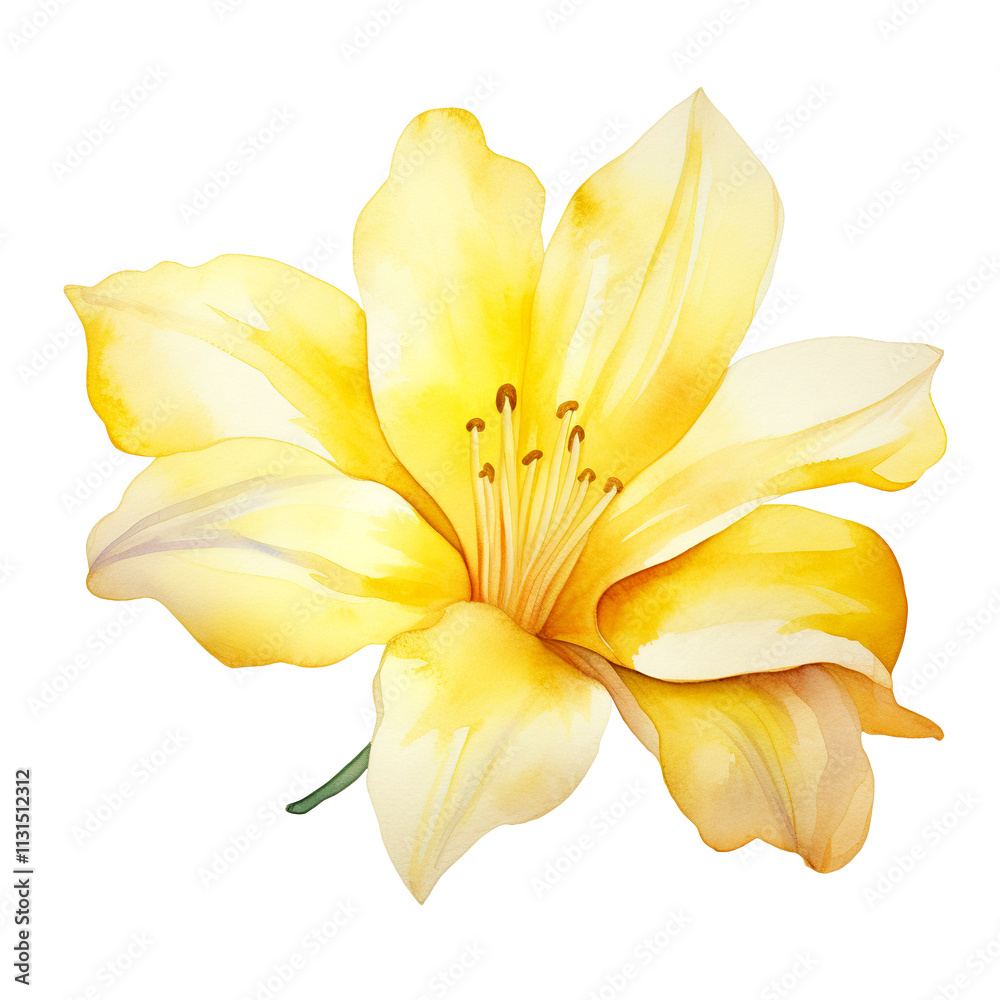 Obraz premium Close up of vibrant yellow lily flower illustration in a watercolor style. Isolated cutout on transparent or white background.