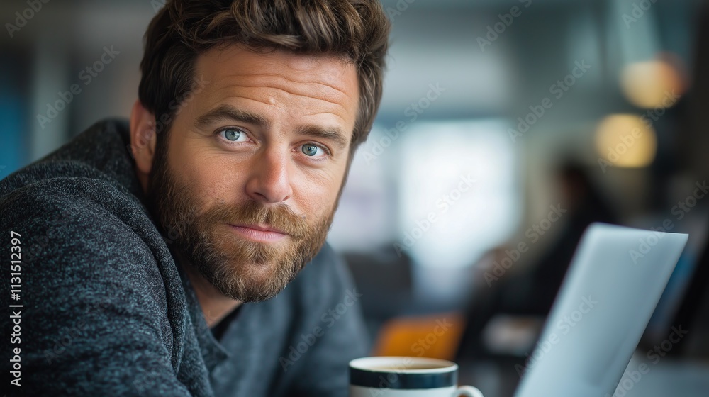 Obraz premium Close-up of a man with a beard looking at the camera while sitting at a table with a laptop and a cup of coffee