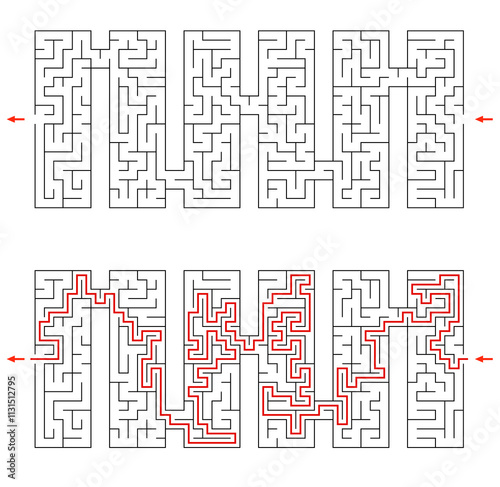 Vector labyrinth composed of 6 connected vertical rectangular mazes. Black and white riddle with entry and exit. Find the way through labyrinth puzzle. Medium level difficulty game for childrens.