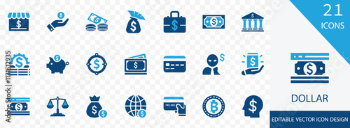 Dollar solid icon set. containing dollar, banknote, wallet, profit, bank,  credit card, cash, deposit and more vector design
