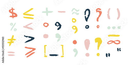 Chalk color punctuation marks, charcoal symbols by pencil, hand drawn lines, parentheses, plus, minus, more, less, question and exclamation marks, infinity, comma, dot, percentage, lines. Grunge