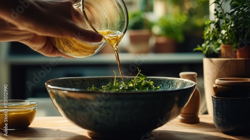 Hand pouring oil over salad in a bowl. photo