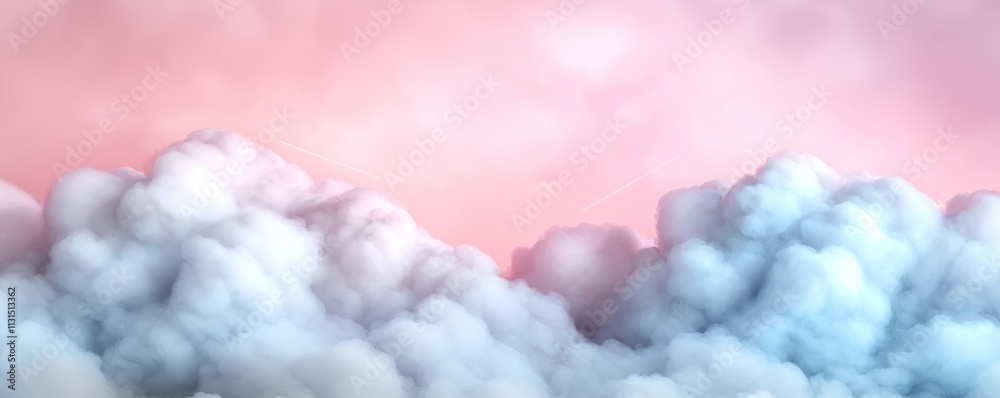 Fototapeta premium Pink and Blue Dream Cloudscape 3D Rendered Soft Clouds, Pastel Sky, Airy Composition