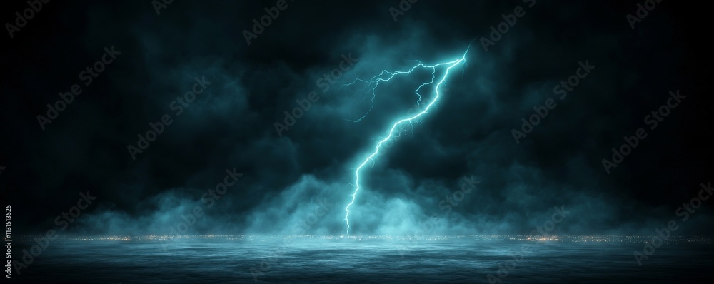 Fototapeta premium Nightfall Teal Lightning Strike Over Coastal City