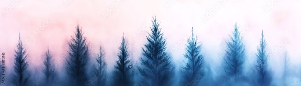 Obraz premium Misty Blue Pines Watercolor Landscape Painting
