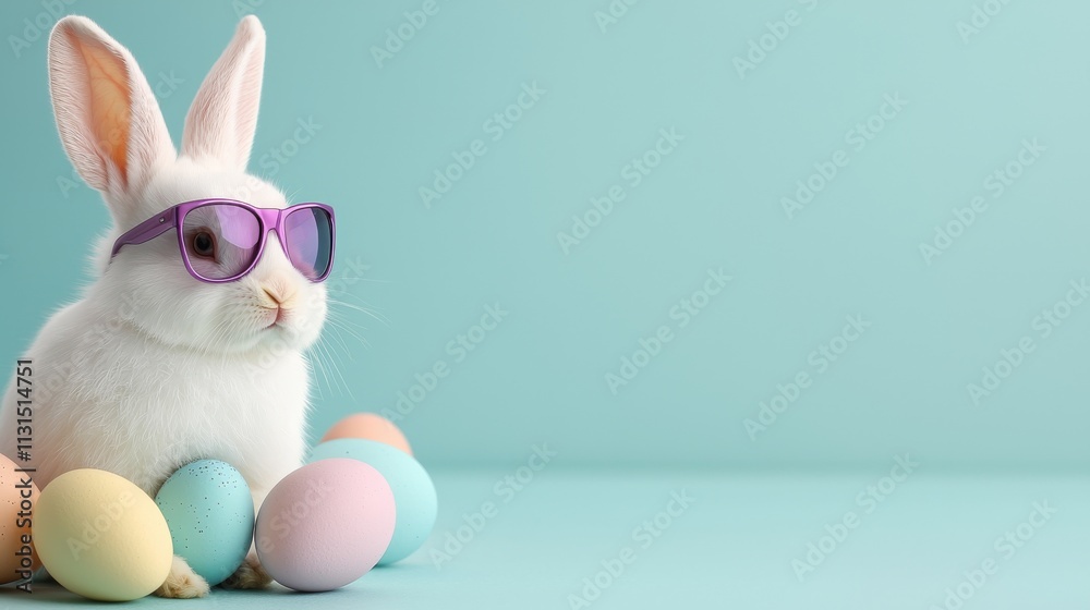 Obraz premium Cool Easter Bunny with Pastel Eggs and Sunglasses