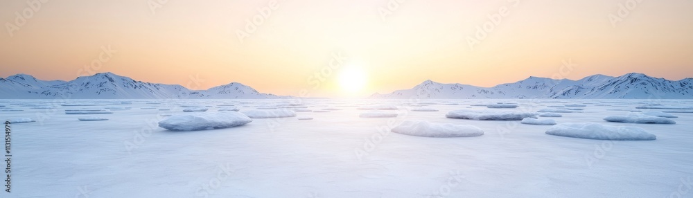 Obraz premium Arctic Sunset Panoramic Winter Landscape with Ice Floes and Mountains