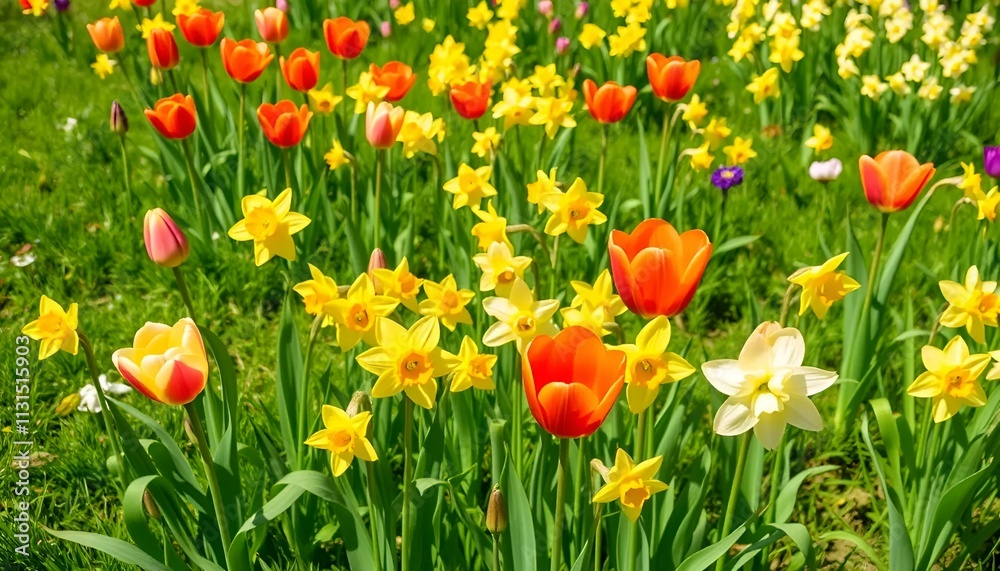Obraz premium Vibrant field of blooming tulips and daffodils in various colors under bright sunlight