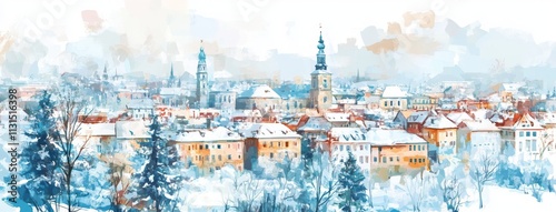 Illustration of a winter village landscape with a town building and border in a stock image. photo